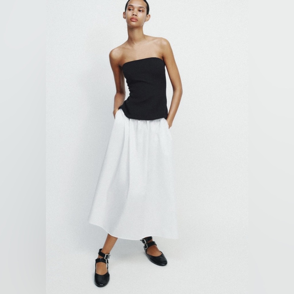 NWT New ZARA MIDI Maxi Black White STRAPLESS DRESS Pockets Size Small